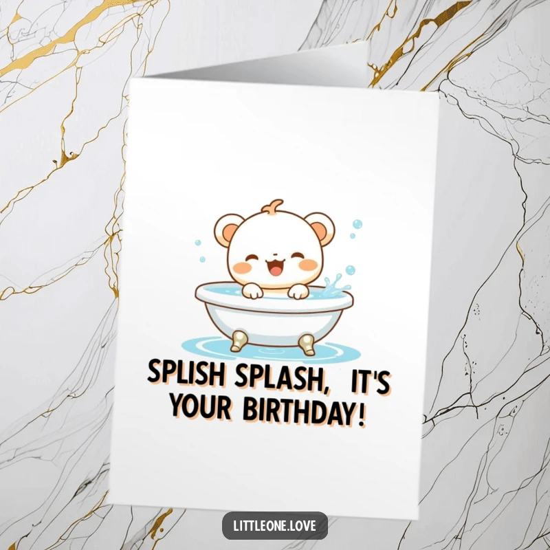 Funny Free Printable Birthday Card: Adorable baby animal joyfully splashing and playing in a tiny bathtub, perfect for a child's celebration.