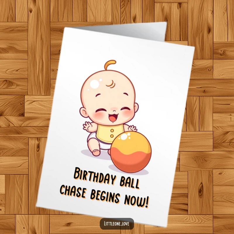 Funny Free Printable Birthday Card: A baby wearing a bib giggles while trying to grab a rolling ball.