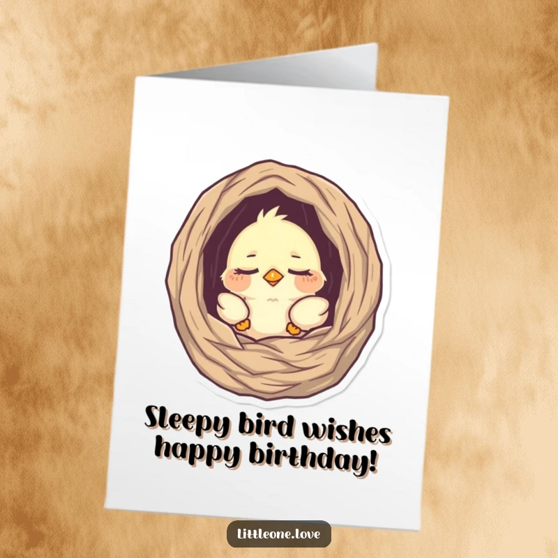 Cute Free Printable Birthday Card: Tiny, sleepy baby bird gently peeking from its cozy nest, wishing a peaceful birthday.