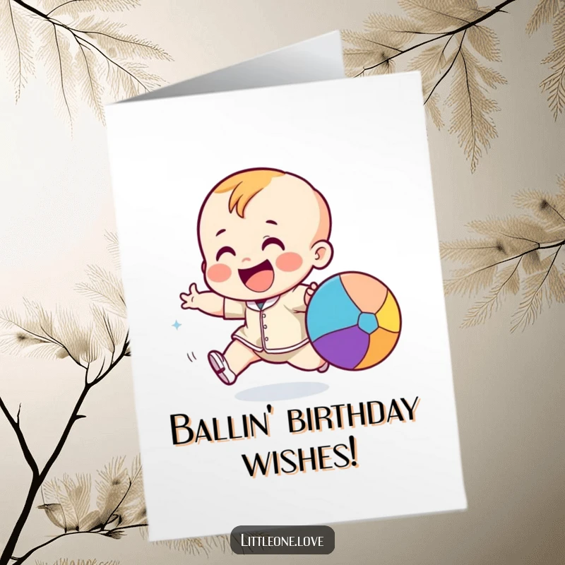 Funny Free Printable Birthday Card: A giggling toddler enthusiastically chases a bright, bouncing ball, embodying pure childhood excitement and fun.