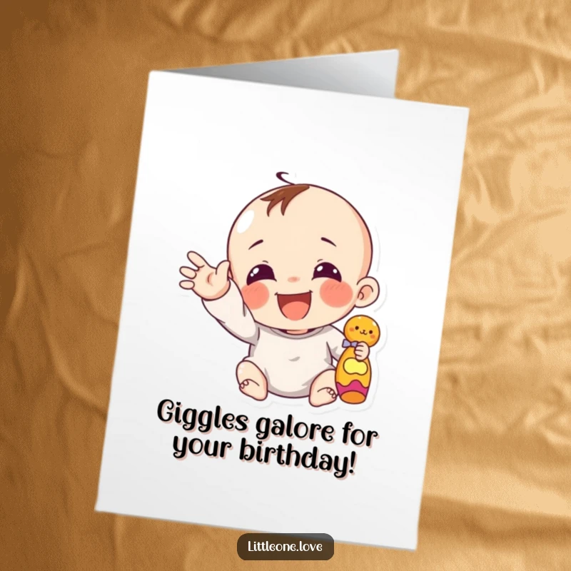 Funny Free Printable Birthday Card: A giggling infant with a chubby hand eagerly reaches out for a colorful toy.