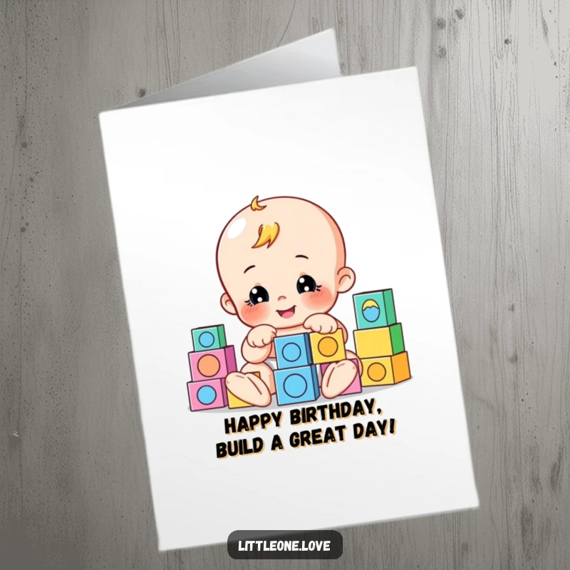 Funny Free Printable Birthday Card: A playful baby stacks colorful building blocks, celebrating with fun and games.