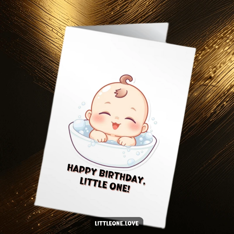 Free Printable Birthday Card featuring a chubby baby with sleepy eyes floating happily in a bubbly bath, looking utterly content.