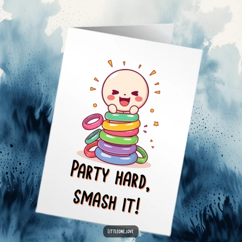 Funny Free Printable Birthday Card: Sentient rattle gleefully smashing a tower of colorful rings with pure joy.