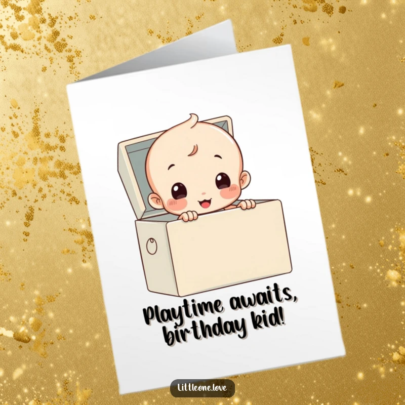 Funny Free Printable Birthday Card: A diaper-clad baby curiously peeks out of a overflowing toy box, ready for birthday fun.