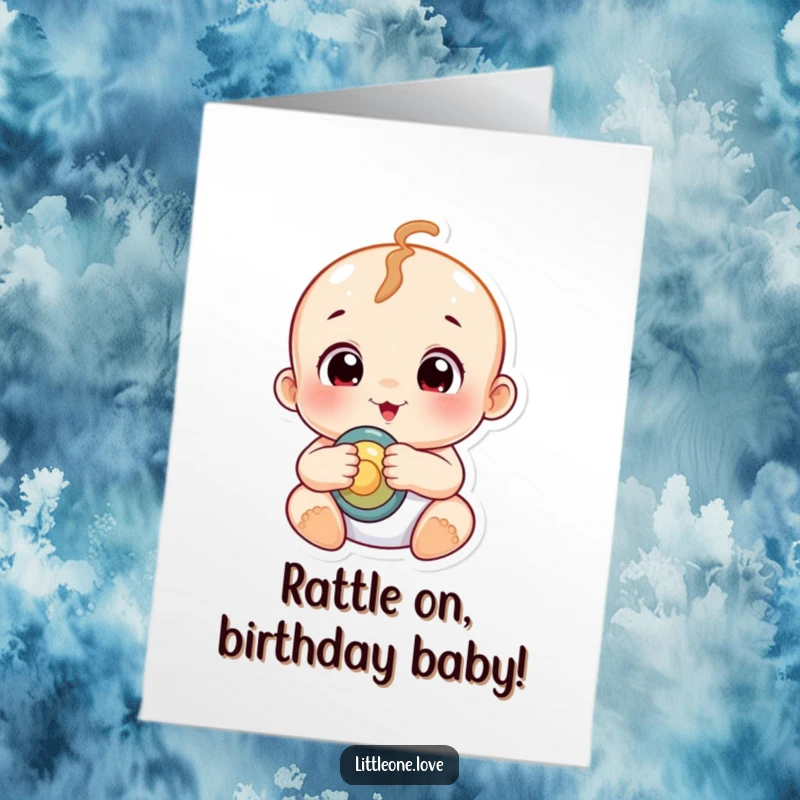 Funny Free Printable Birthday Card: Chubby baby with curious eyes joyfully shakes a rattle, ready for party fun.