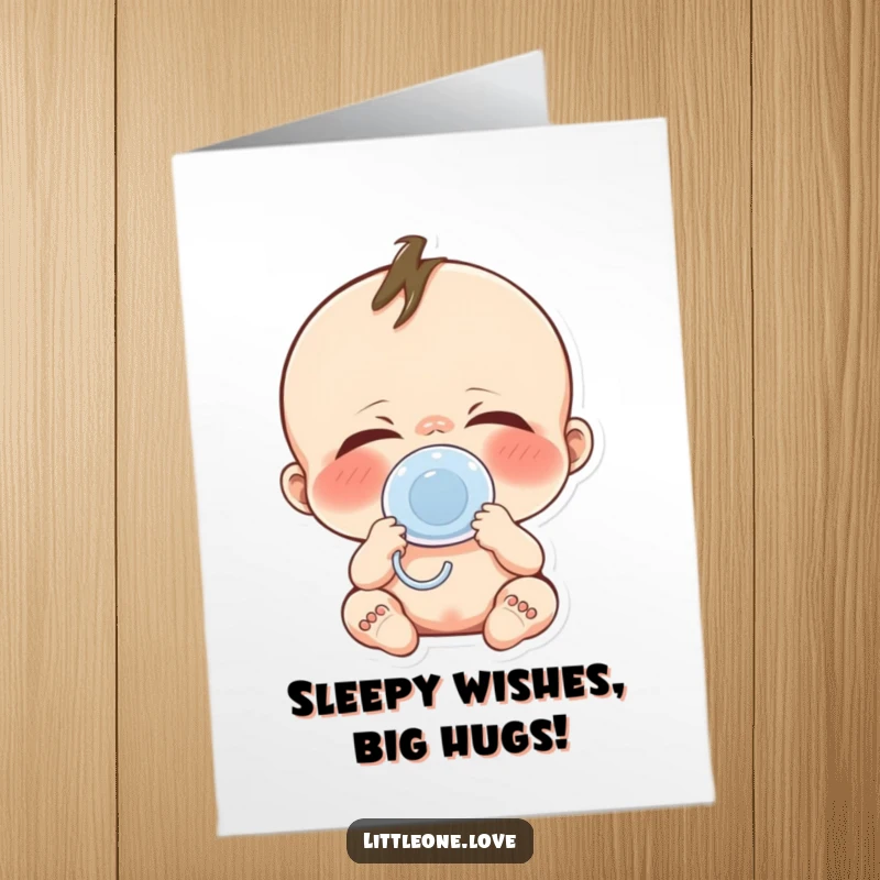 Funny Free Printable Baby Yawn Birthday Card featuring a cute character with a tiny pacifier, looking incredibly sleepy and ready for cake.