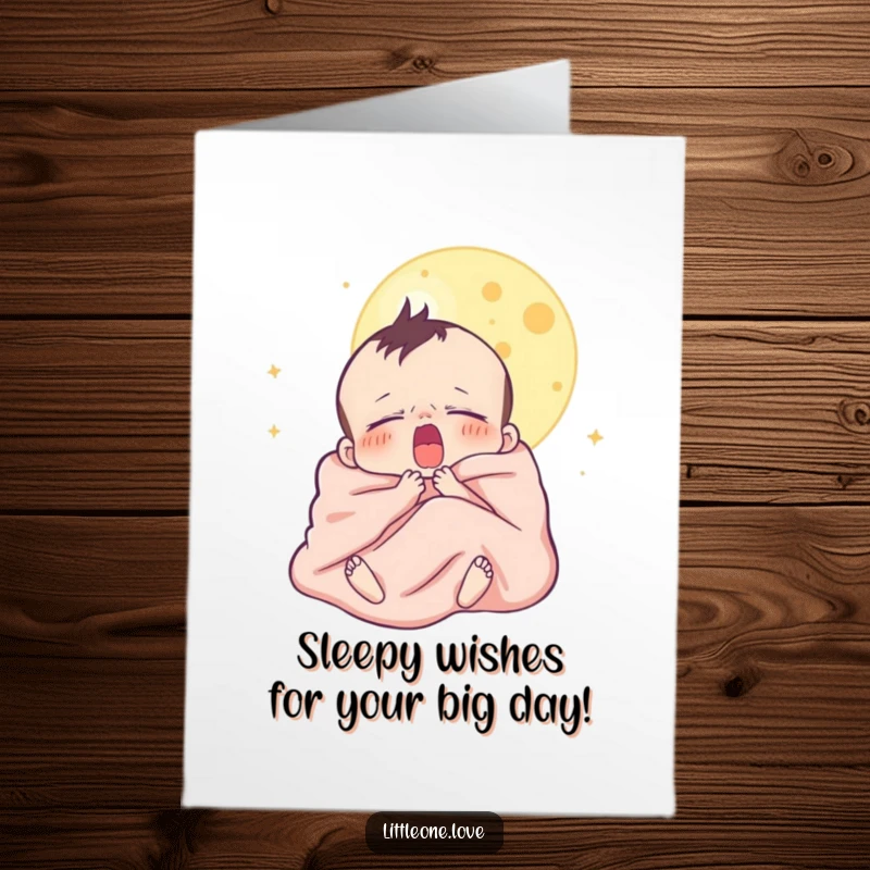 Funny Free Printable Birthday Card: A sleepy baby in a blanket yawns under the moon, perfect for a cozy celebration.