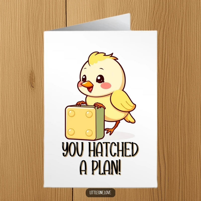 Funny free printable congratulations card of a cheerful baby bird pecking at a colorful block, celebrating success.