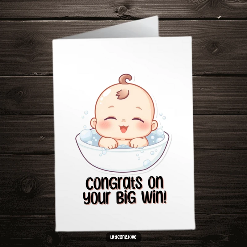 Free Printable Congratulations Card of a chubby baby with sleepy eyes blissfully floating in a bubbly bath, conveying peace.