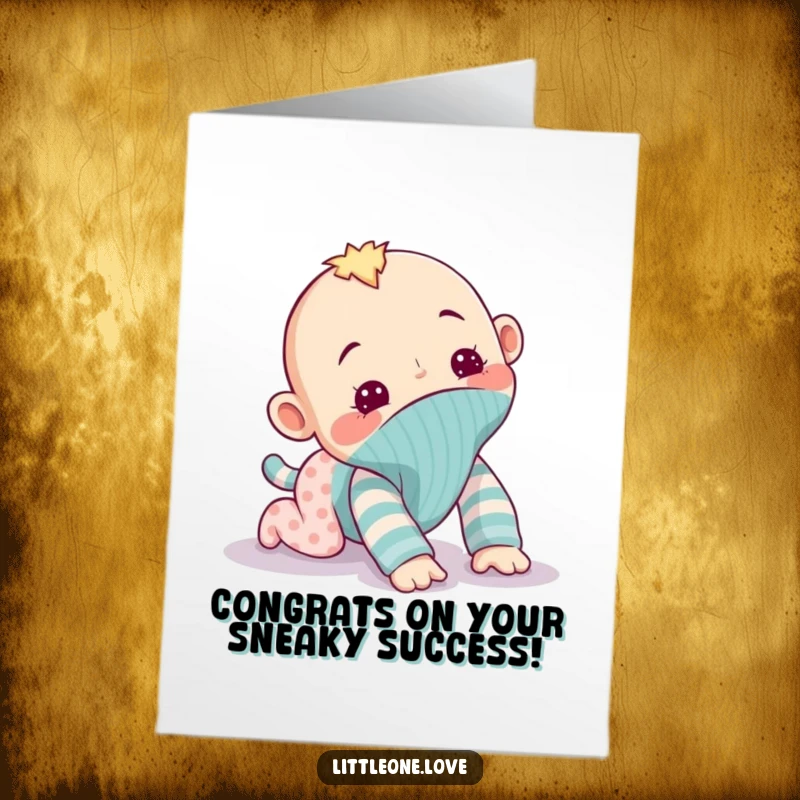 Funny Free Printable Congratulations Card: A mischievous baby sock puppet making a sneaky escape, celebrating a clever and funny achievement.