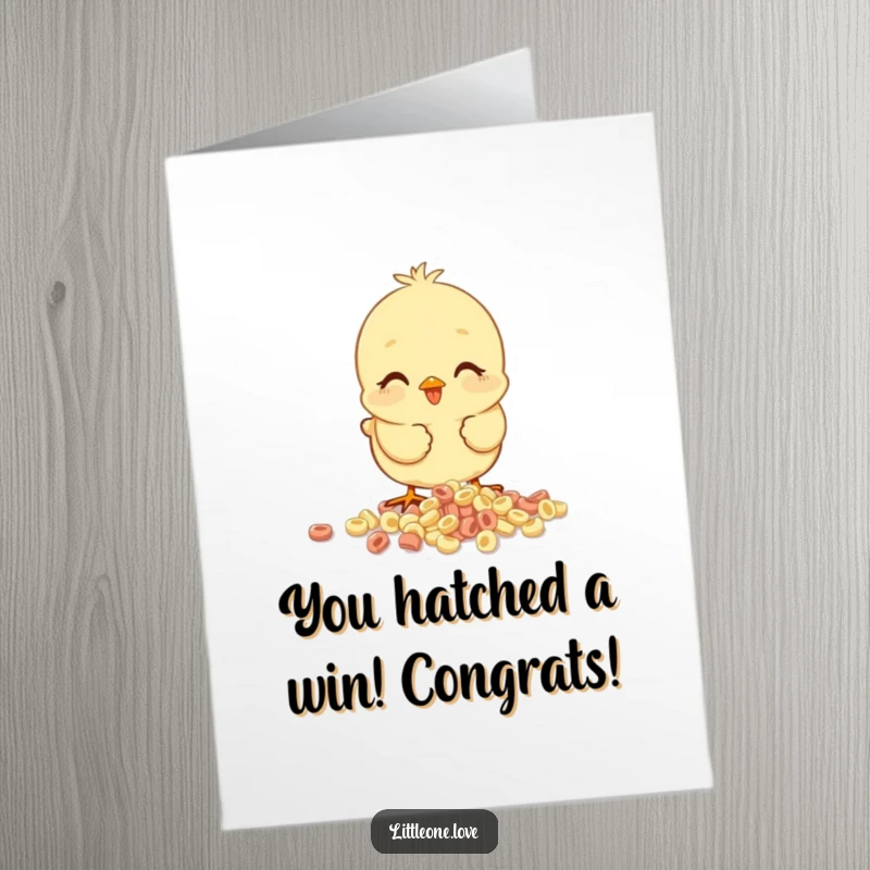 Funny Free Printable Congratulations Card: A cheerful baby chick joyfully pecking at a scattered pile of breakfast cereal.