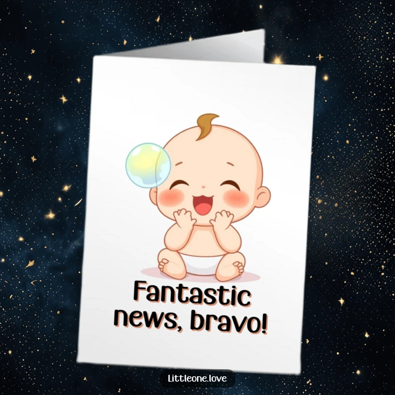 Free Printable Congratulations Card featuring a delighted baby character clapping gleefully with tiny hands at a floating bubble.