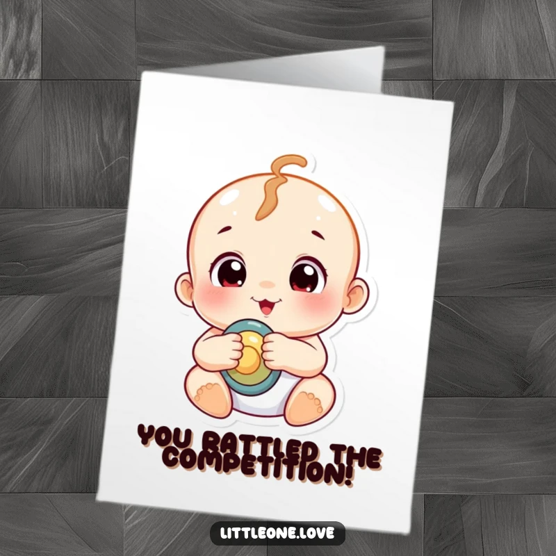 Funny Free Printable Congratulations Card: A chubby baby with wide, curious eyes clutches a rattle, signaling exciting news.