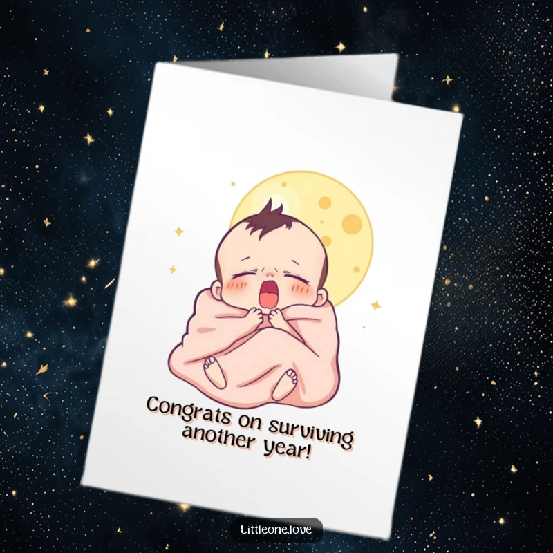 Funny Free Printable Congratulations Card: A sleepy baby yawns widely under the moon, celebrating new achievements.