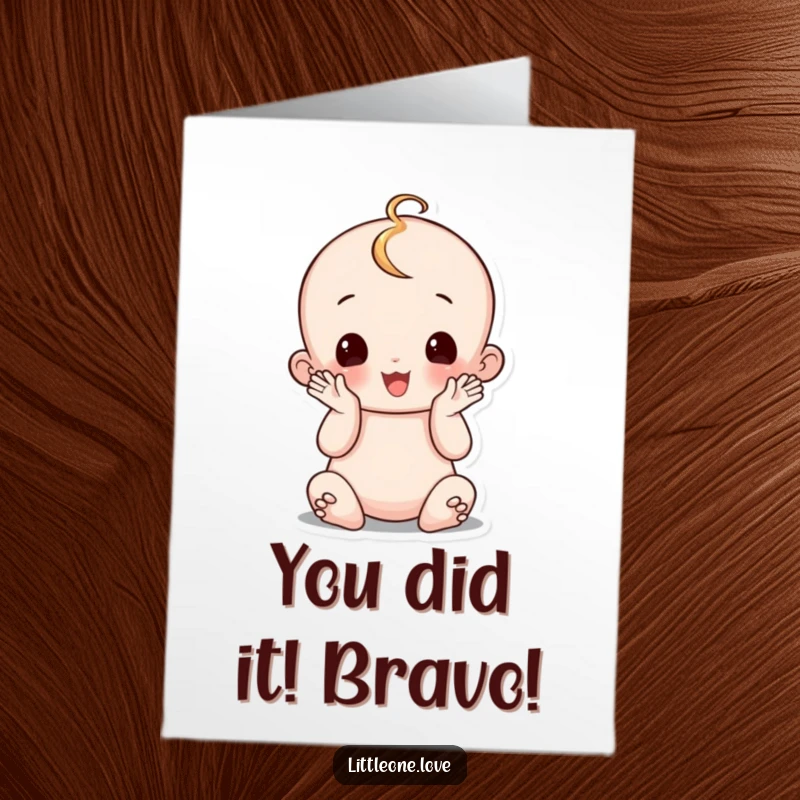 Funny Free Printable Congratulations Card: A happy, slightly wobbly baby character sitting up and enthusiastically clapping its hands.