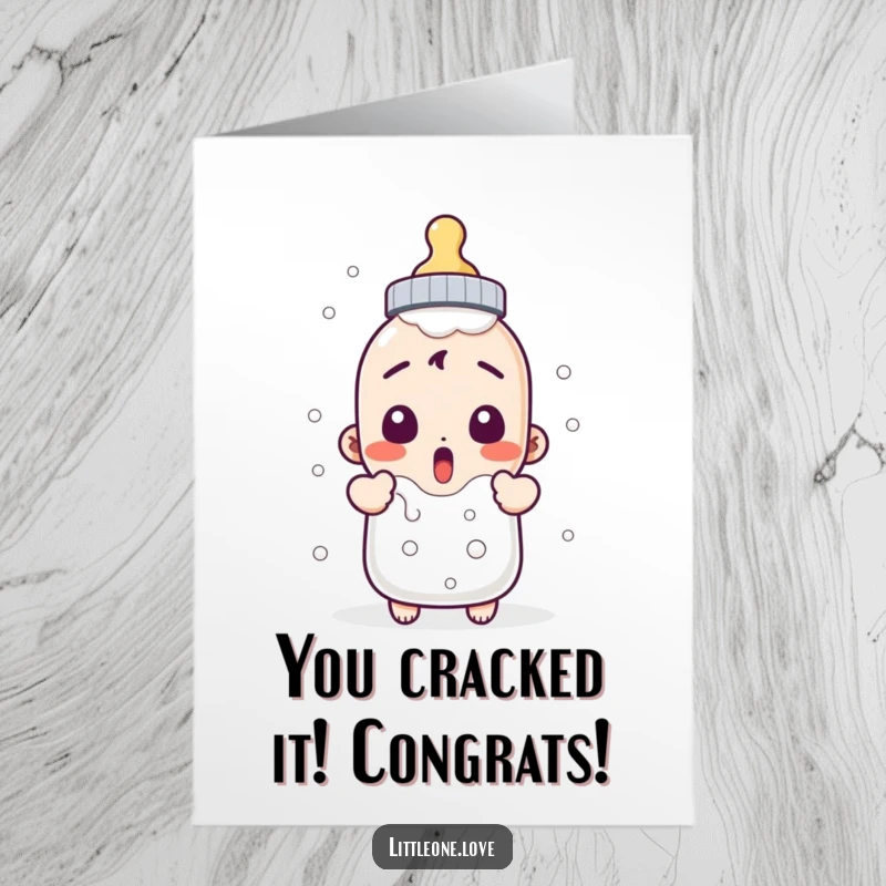 Funny free printable congratulations card: a baby bottle character looks shocked as milk overflows spectacularly.