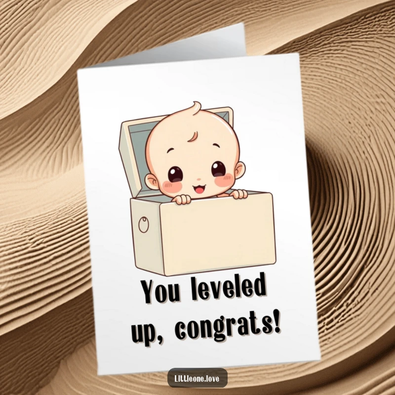 Funny Free Printable Congrats Card: A small baby in a diaper pops out of a messy toy box, celebrating a big win.