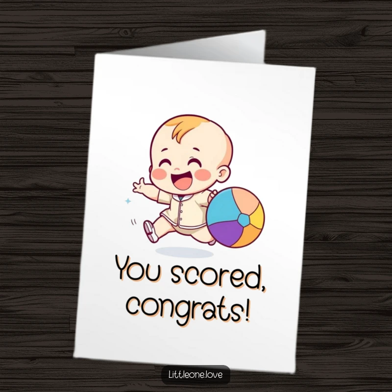 Funny Free Printable Congrats Card: A giggling toddler excitedly chases a colorful bouncing ball, celebrating achievement with pure energy and delight.