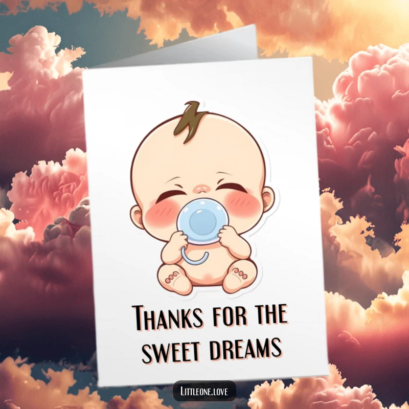 Funny Free Printable Baby Yawn Thank You Card with a cute sleepy character holding a pacifier, conveying heartfelt thanks.
