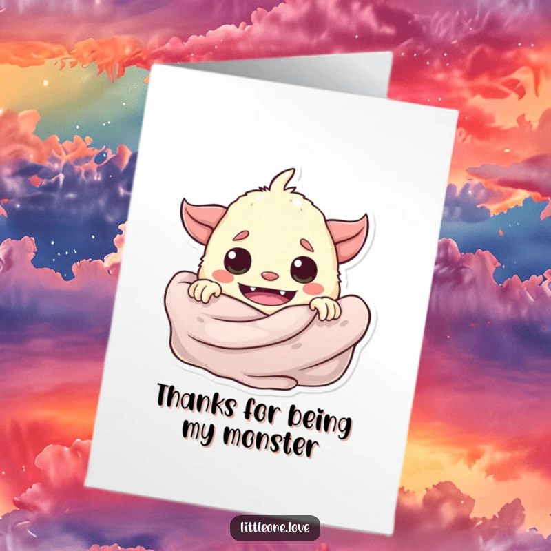 Funny Free Printable Thank You Card: A playful baby monster peeks from behind a blanket, sending thanks with a grin.