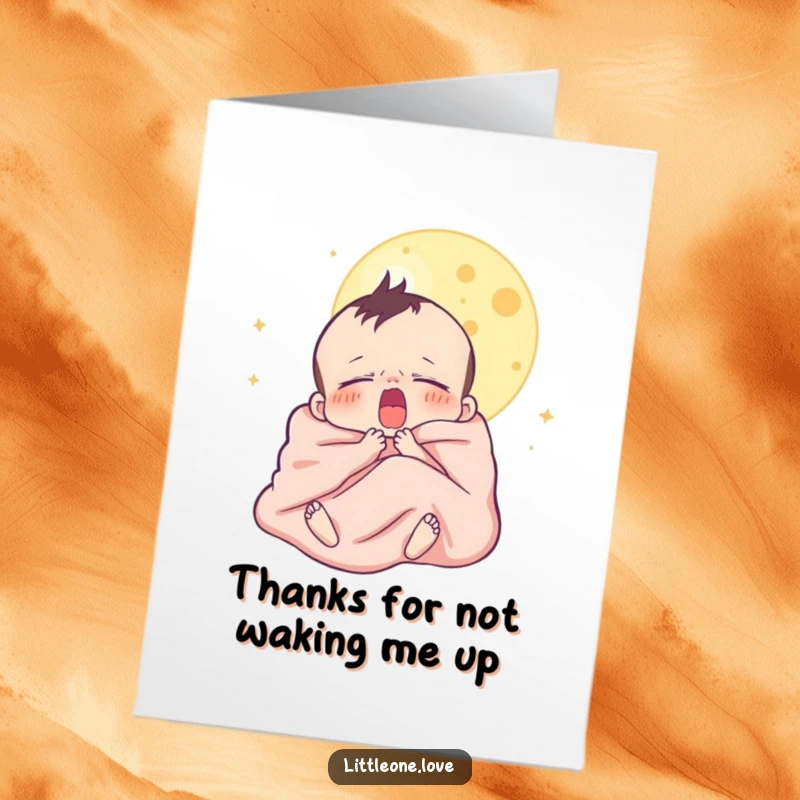 Funny Free Printable Thank You Card: A sleepy baby yawns under the moon, expressing thanks with sleepy charm.