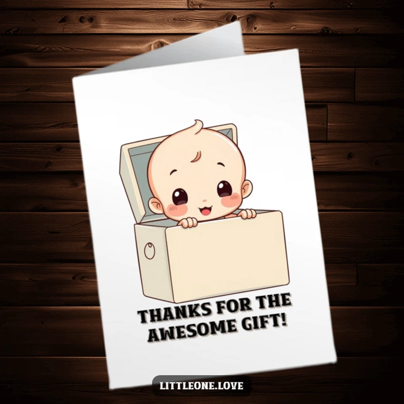Funny Free Printable Thank You Card: A cute baby wearing a diaper peeks curiously from a toy box, expressing thanks.