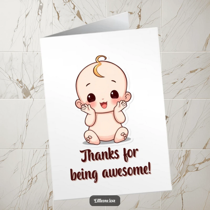 Funny Free Printable Thank You Card: A sweet, wobbly baby character sitting up and clapping its hands joyfully.