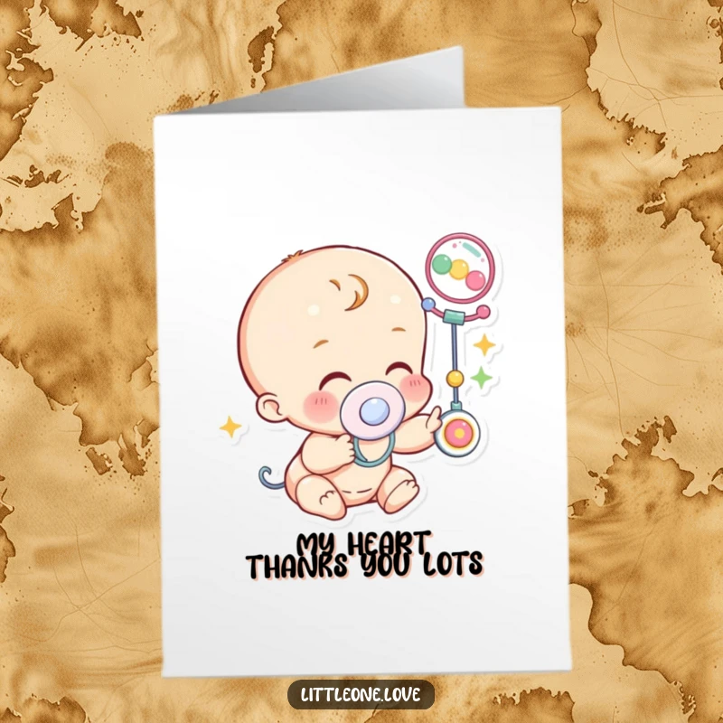 Free Printable Thank You Card of a little character with a pacifier, giggling with delight while reaching for a colorful mobile.