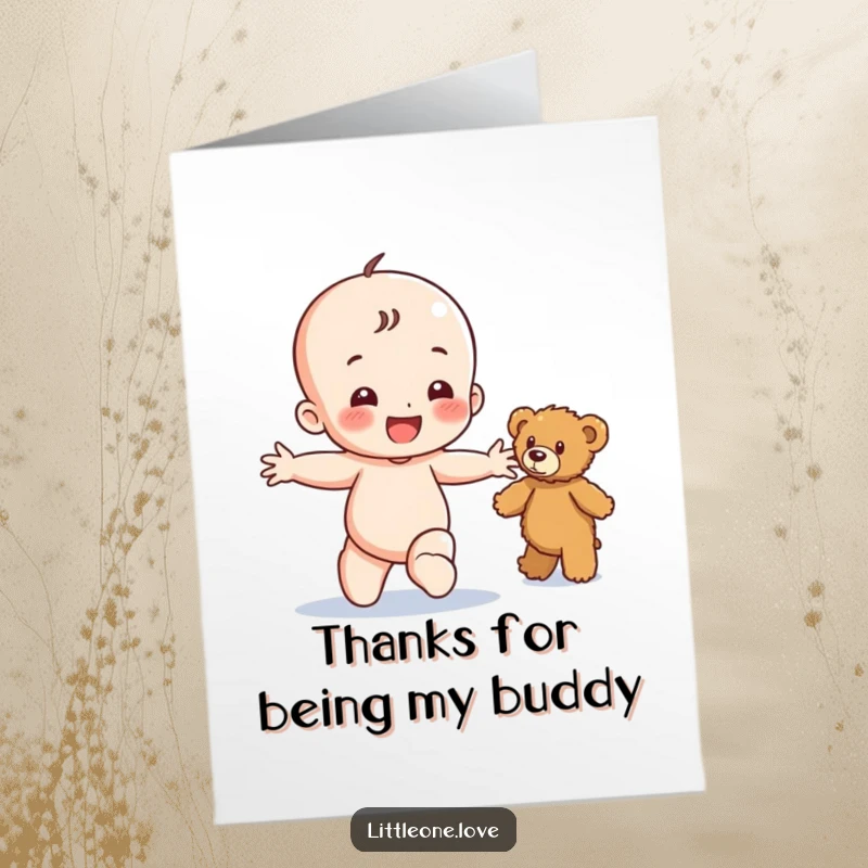 Funny Free Printable Thank You Card: A happy baby toddles with excitement towards a teddy bear, a picture of pure joy.