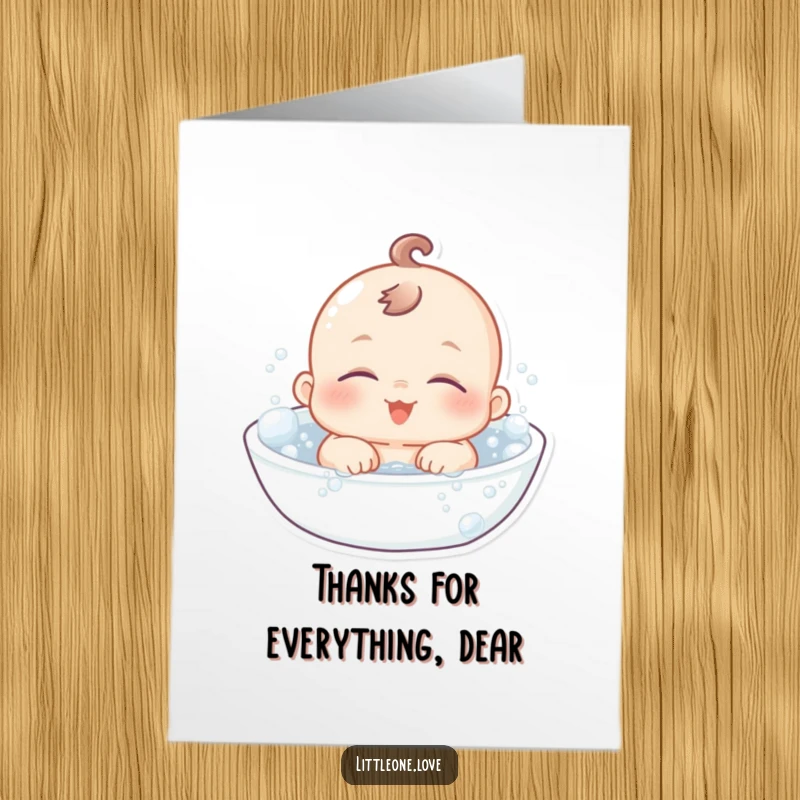 Free Printable Thank You Card featuring a chubby, sleepy-eyed baby floating happily in a bubbly bath, a sweet way to say thanks.
