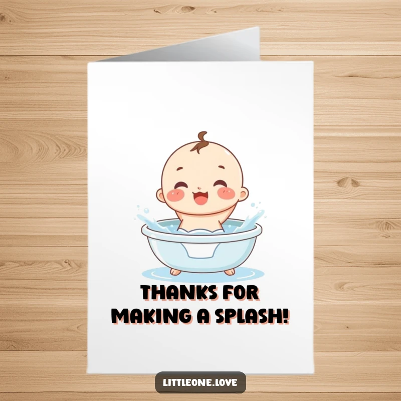 Funny Free Printable Thank You Card: A small, round baby joyfully splashes in a tiny tub, sending thanks.