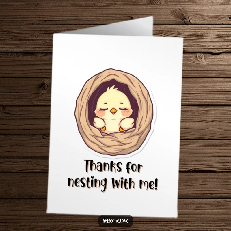 Cute Free Printable Thank You Card: Tiny, sleepy baby bird peeking from its nest, offering a warm and adorable thank you.