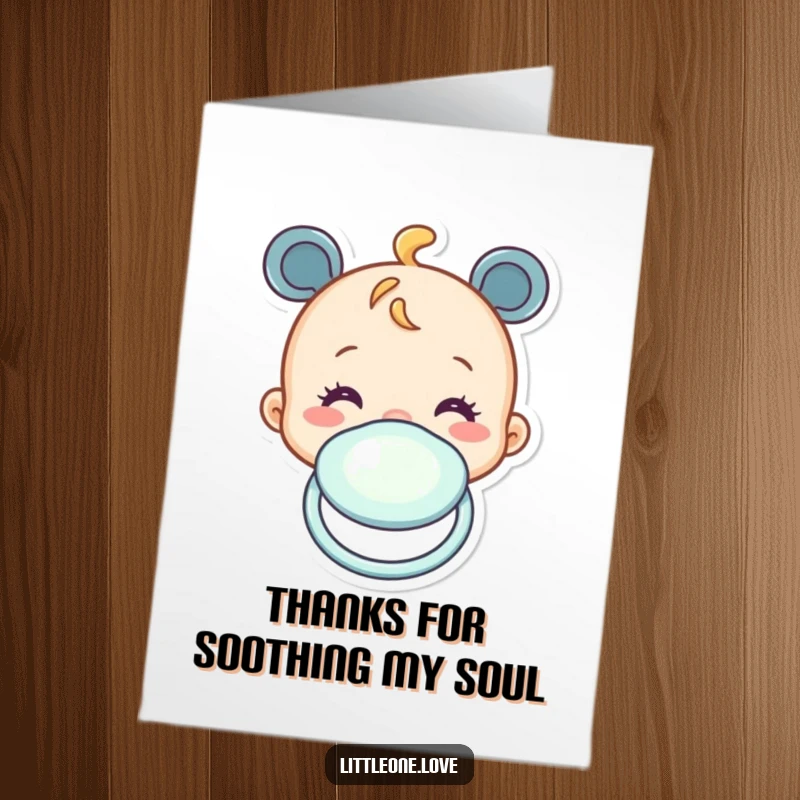 Funny free printable thank you card: a cheerful baby pacifier character bobbing gently to say thank you.