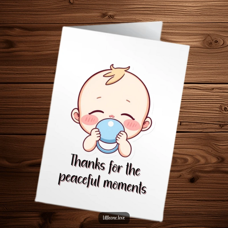 Funny Free Printable Thank You Card: A sleepy baby with rosy cheeks holds a pacifier, sending quiet thanks.