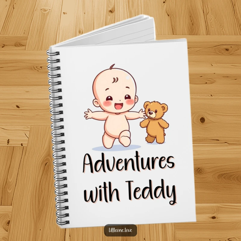 Funny notebook with a happy baby character toddling with arms outstretched towards a fuzzy teddy bear, ideal for journaling and creative writing.