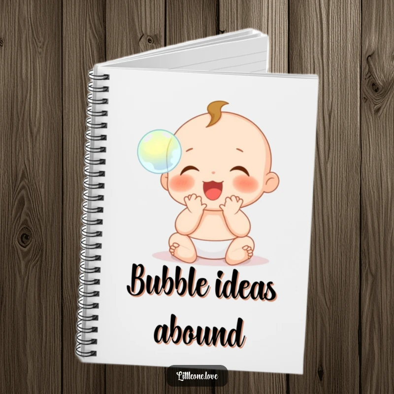 Funny Notebook: A baby character with tiny hands claps gleefully at a floating bubble, ideal for jotting notes.