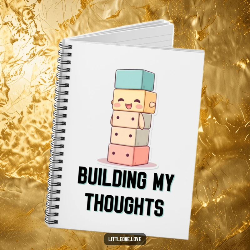 Funny notebook with a baby block character stacking itself too high, ideal for jotting notes humorously. Gift idea.