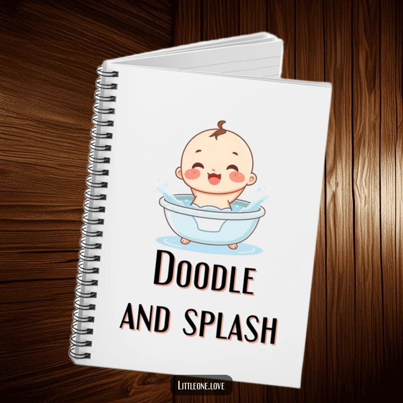 Funny small, round baby in a diaper gleefully splashing in a tiny tub, on the cover of a notebook.