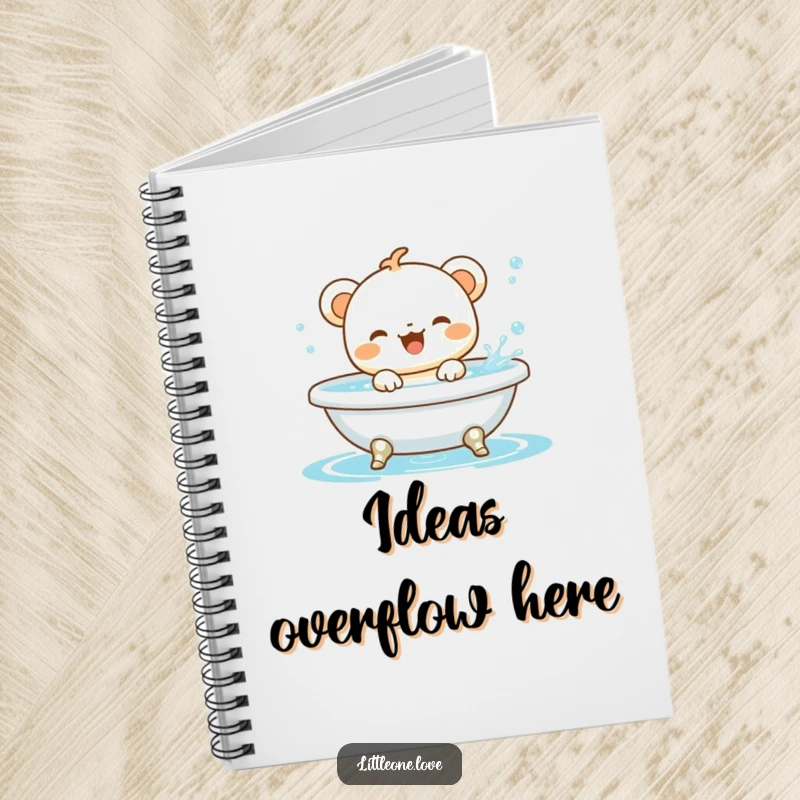 Funny baby animal character gleefully splashing in a miniature bathtub, on the cover of a cute and functional notebook.
