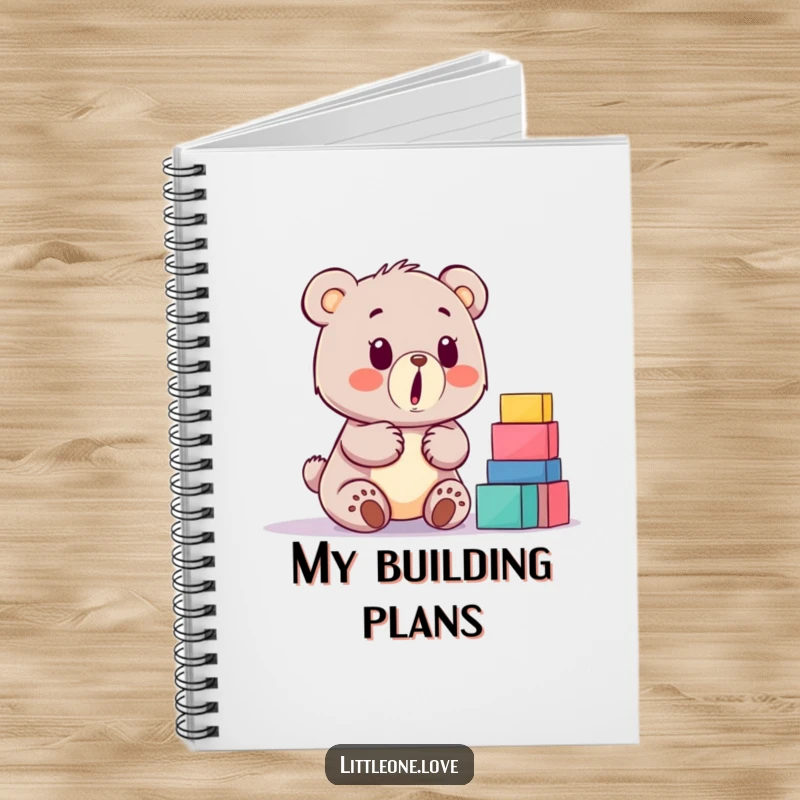 Funny baby bear notebook, surprised by a stack of building blocks, cute and comical design for writing and journaling.