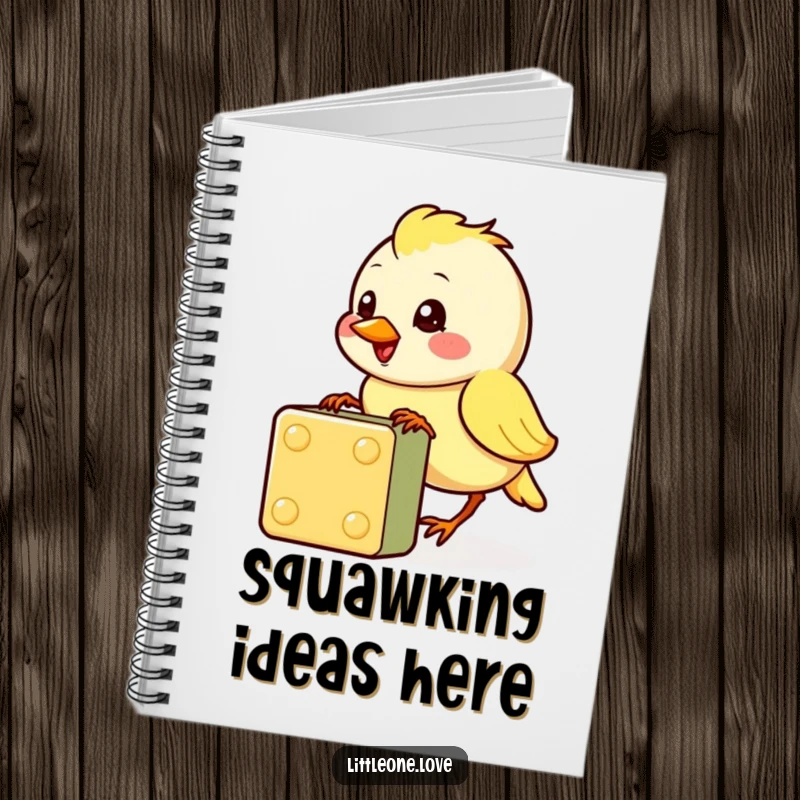 Funny notebook featuring a cheerful baby bird character pecking at a colorful block, ideal for jotting down cute ideas, an excellent funny gift.