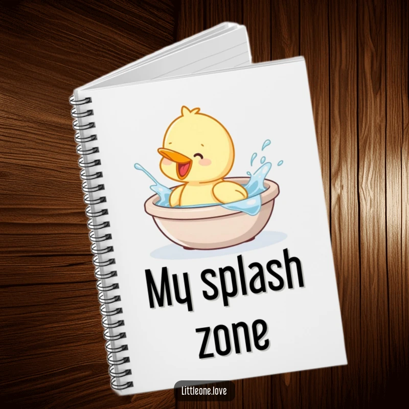 Funny notebook featuring a baby duckling splashing in a tub, perfect for jotting down notes with cheer. Gift idea.