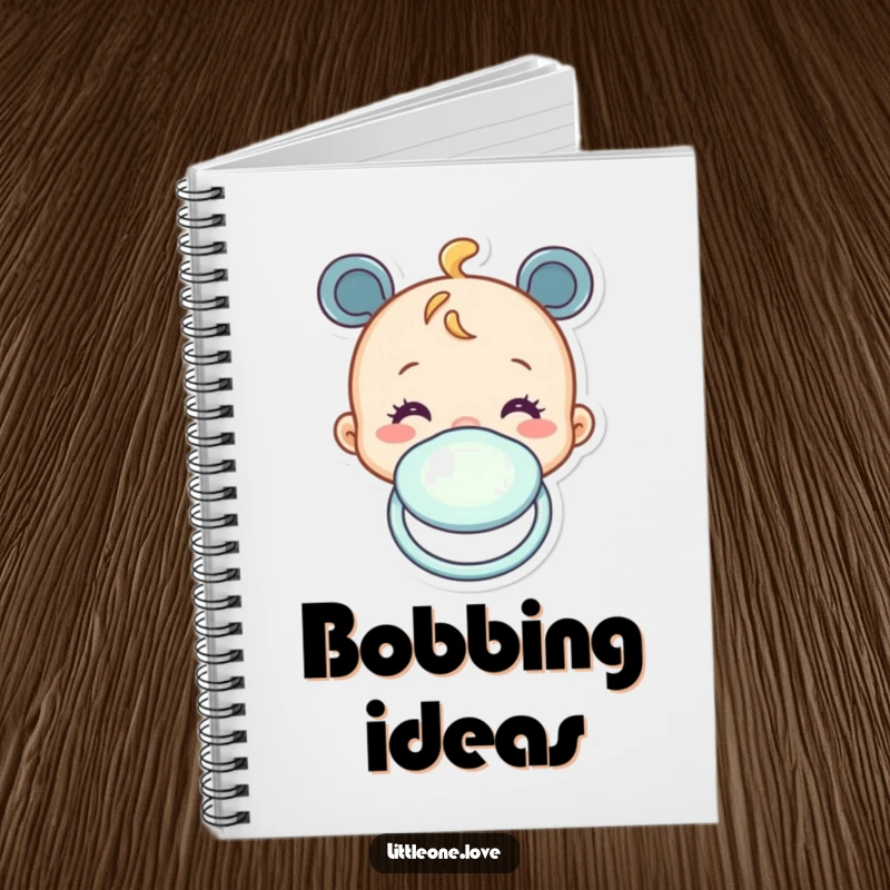 Funny notebook with a cheerful baby pacifier character bobbing up and down, perfect for jotting notes. Gift.