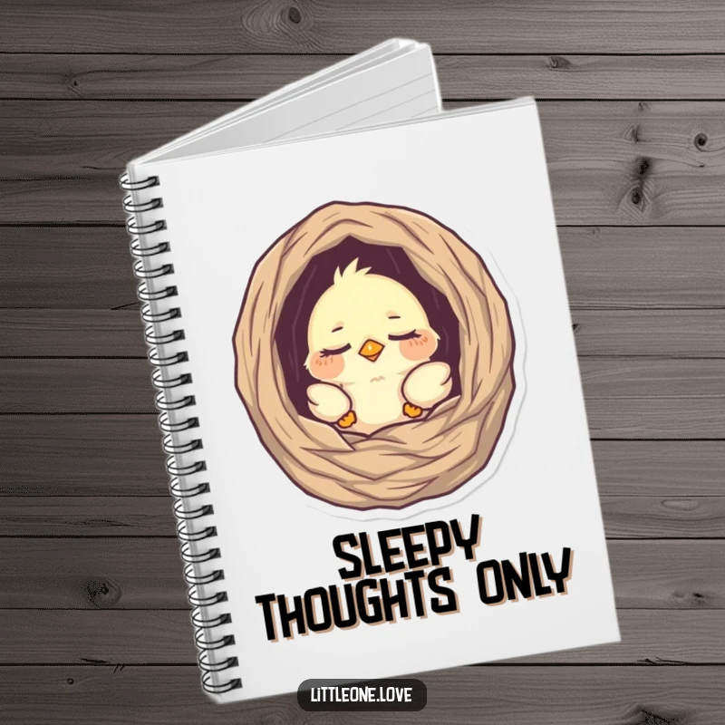 Funny notebook featuring a tiny, sleepy baby bird peeking from its nest, ideal for journaling with adorable charm and a hint of humor.