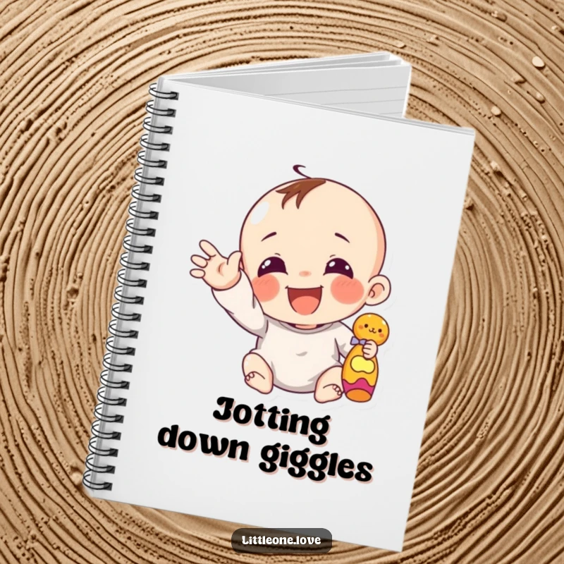 Funny giggling infant with chubby hand reaching out for a toy, on the cover of a notebook.