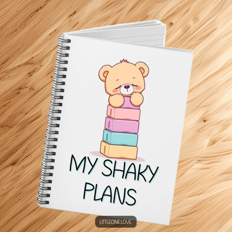 Funny notebook cover with a sleepy teddy bear precariously balancing a huge stack of colorful blocks, ideal for notes and plans.
