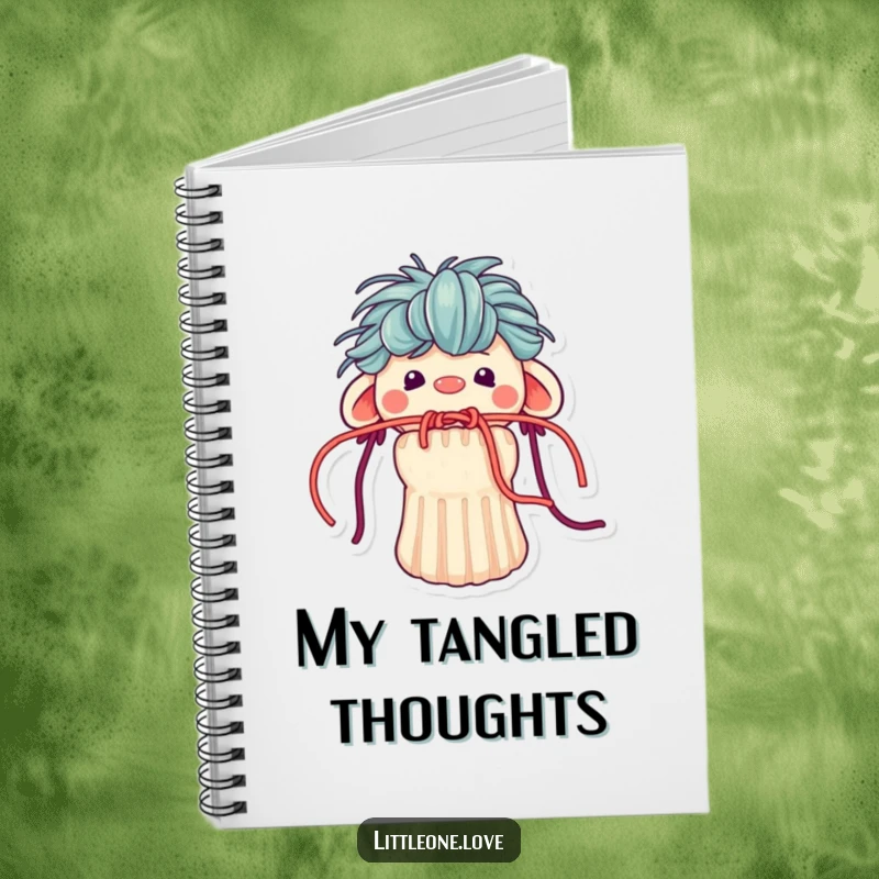 Funny notebook cover with a sock puppet character whose yarn hair is comically stuck in its mouth, ideal for notes and sketches.