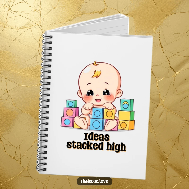 Funny notebook featuring a playful baby character building with cheerfully arranged blocks, ideal for journaling and creative writing.