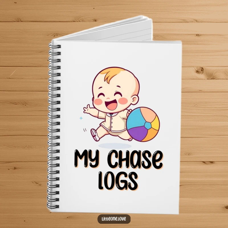 Funny giggling toddler character excitedly chasing a bouncing colorful ball, on the cover of a cheerful notebook.